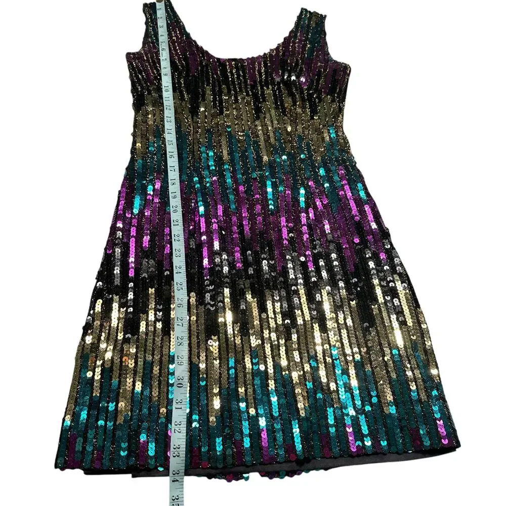 Vintage Alyce 1980s Sequin Mini Party Cocktail Dress Purple Green Gold Sz Med/10